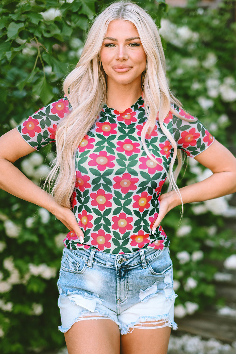 Women's T Shirt with Print Crew Neck Retro Floral-Print