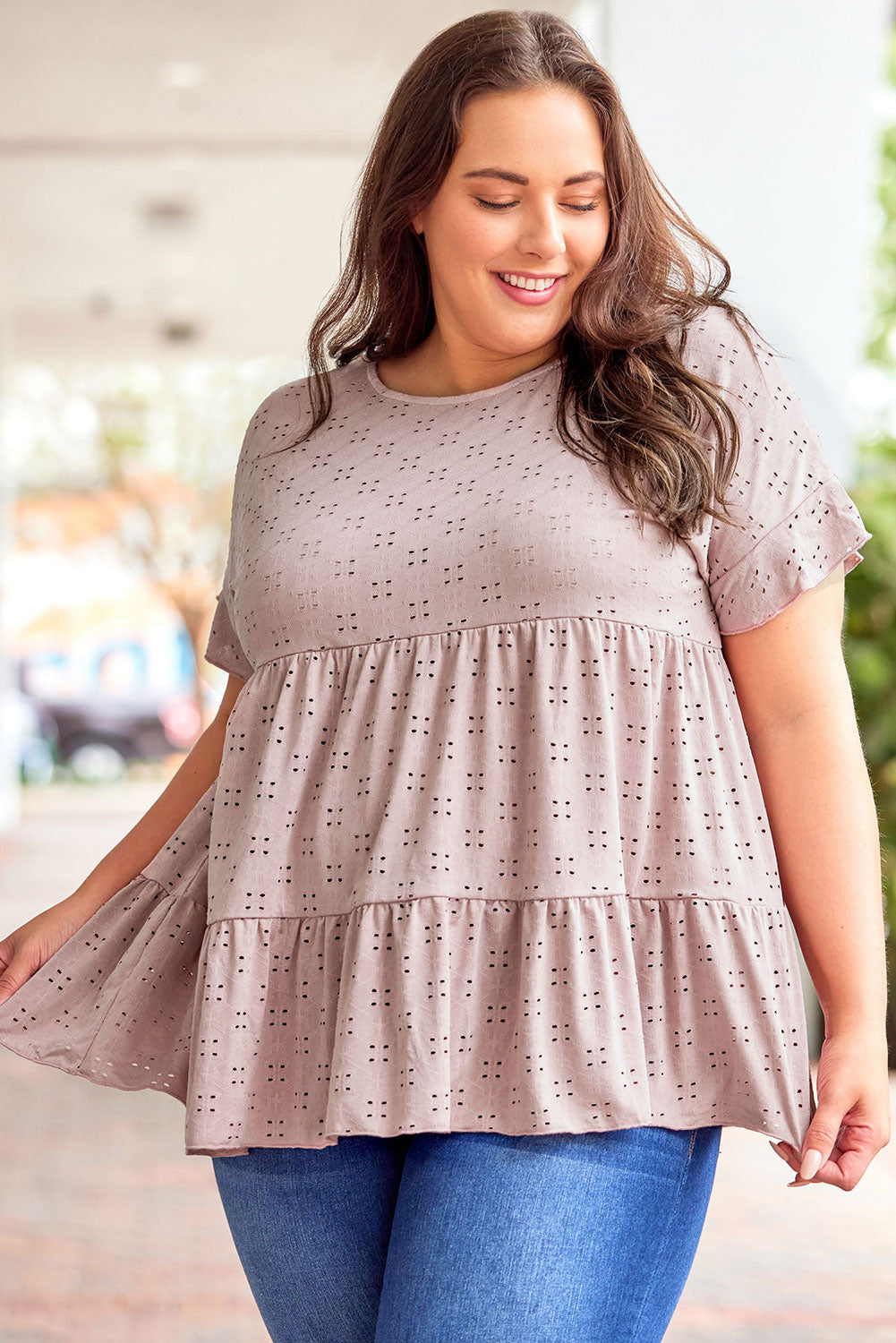 Babydoll Top for Women Plus Size Eyelet Pattern Ruffle-Trimmed Sleeve