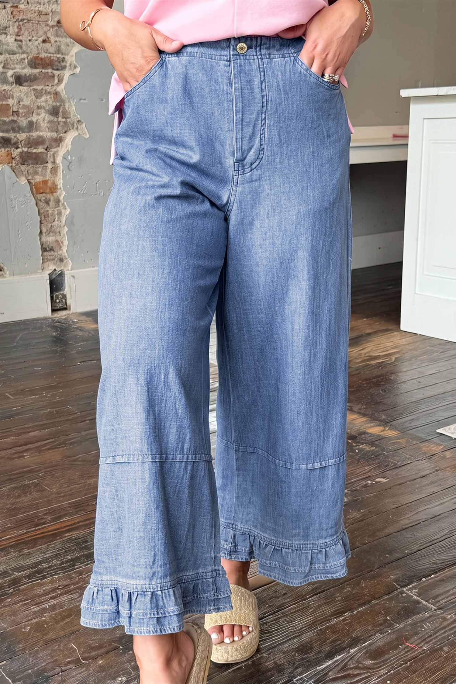 Ruffle Hem Wide-Leg Full Length Plus Size Jeans in Light Blue