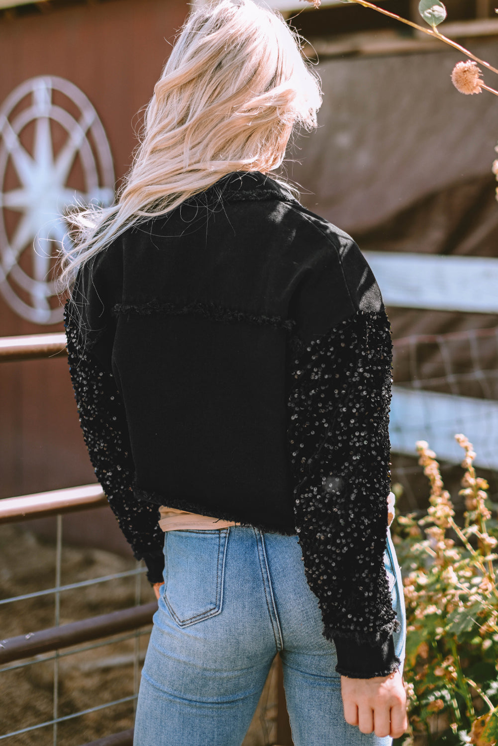 Women's Sequin Raw-Edge Denim Jacket