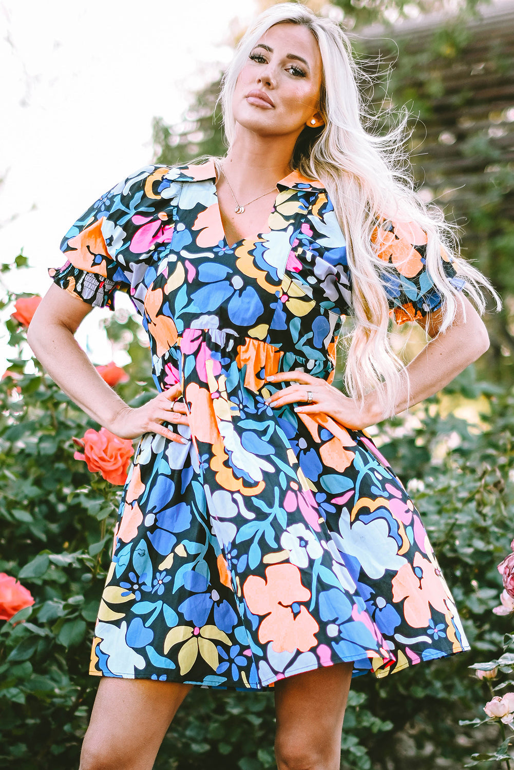 Women's Dresses with Flared Collared Split Neck Floral-Print