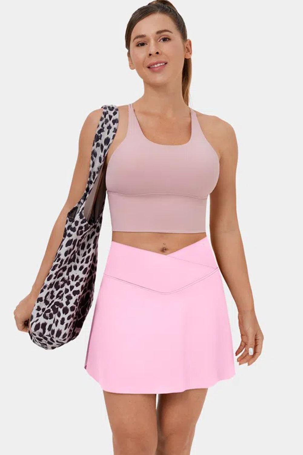 Pink Solid Pocketed Crossover High Waist Swim Skort