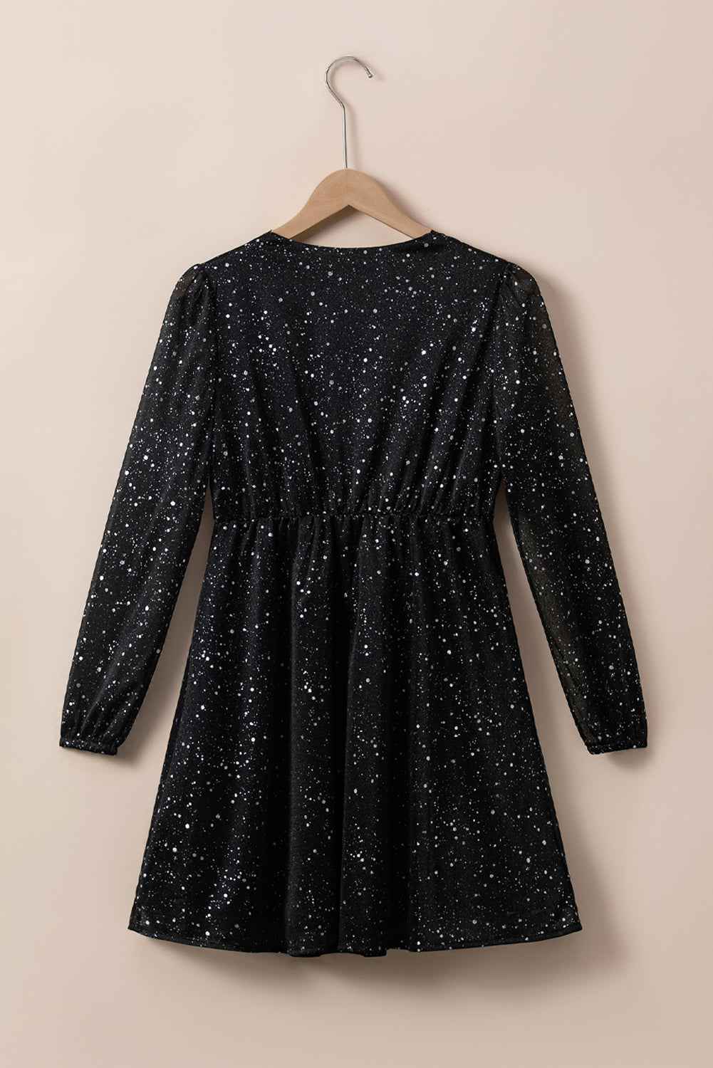 Glitter Mesh Overlay V Neck Long Sleeve Dress