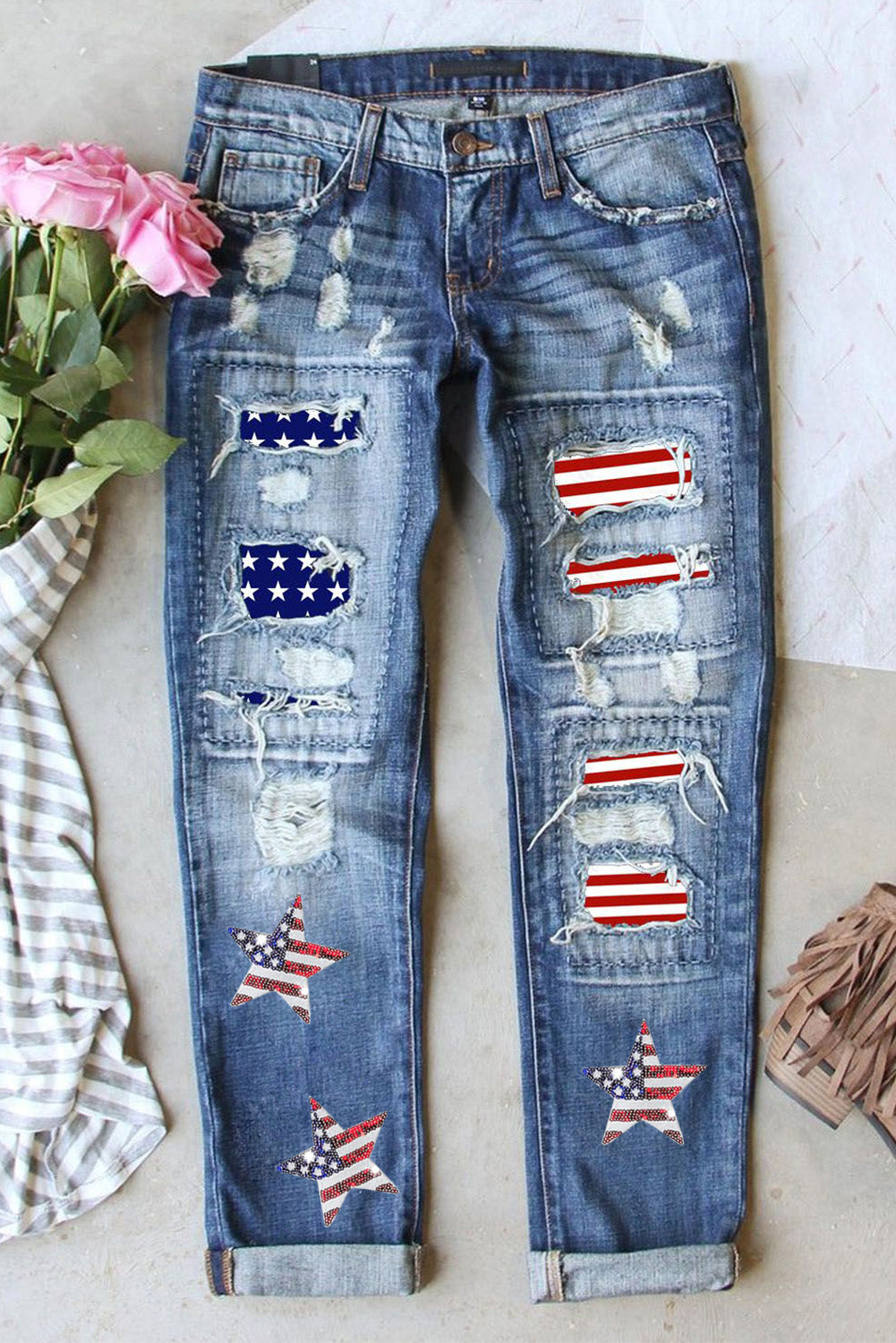 Women's Jeans Featuring Straight American Flag Star Graphic-Print