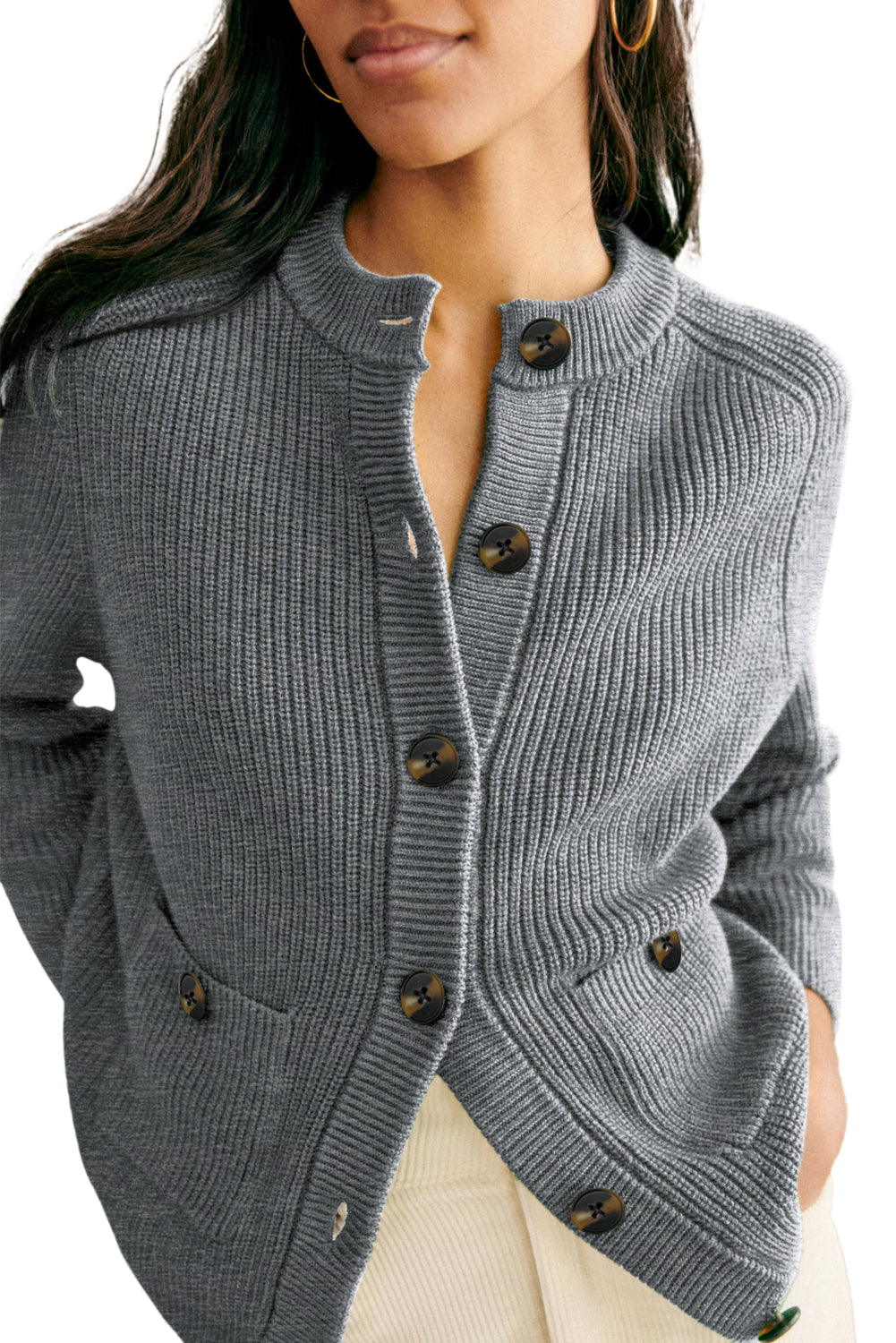 Chunky Cardigan Button-Front Round-Neck Knit Top