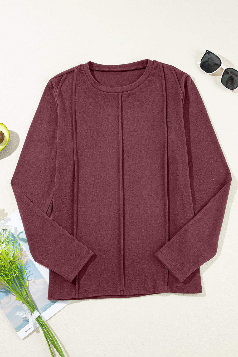 Exposed Seam Crew-Neck Long-Sleeved Top in Red