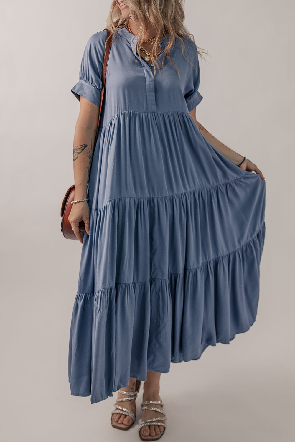 Hidden Ruffle Buttons Short-Sleeved Tiered Long Flared Dress