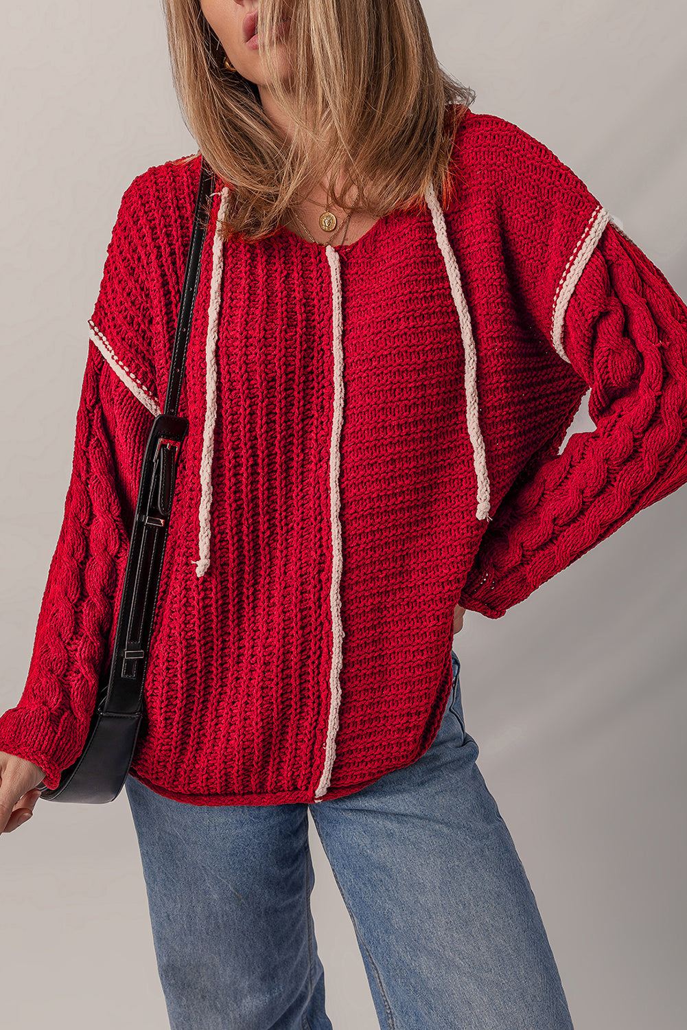 Contrast Trim Color Trim Textured Knit Drawcord Hooded Knit Top