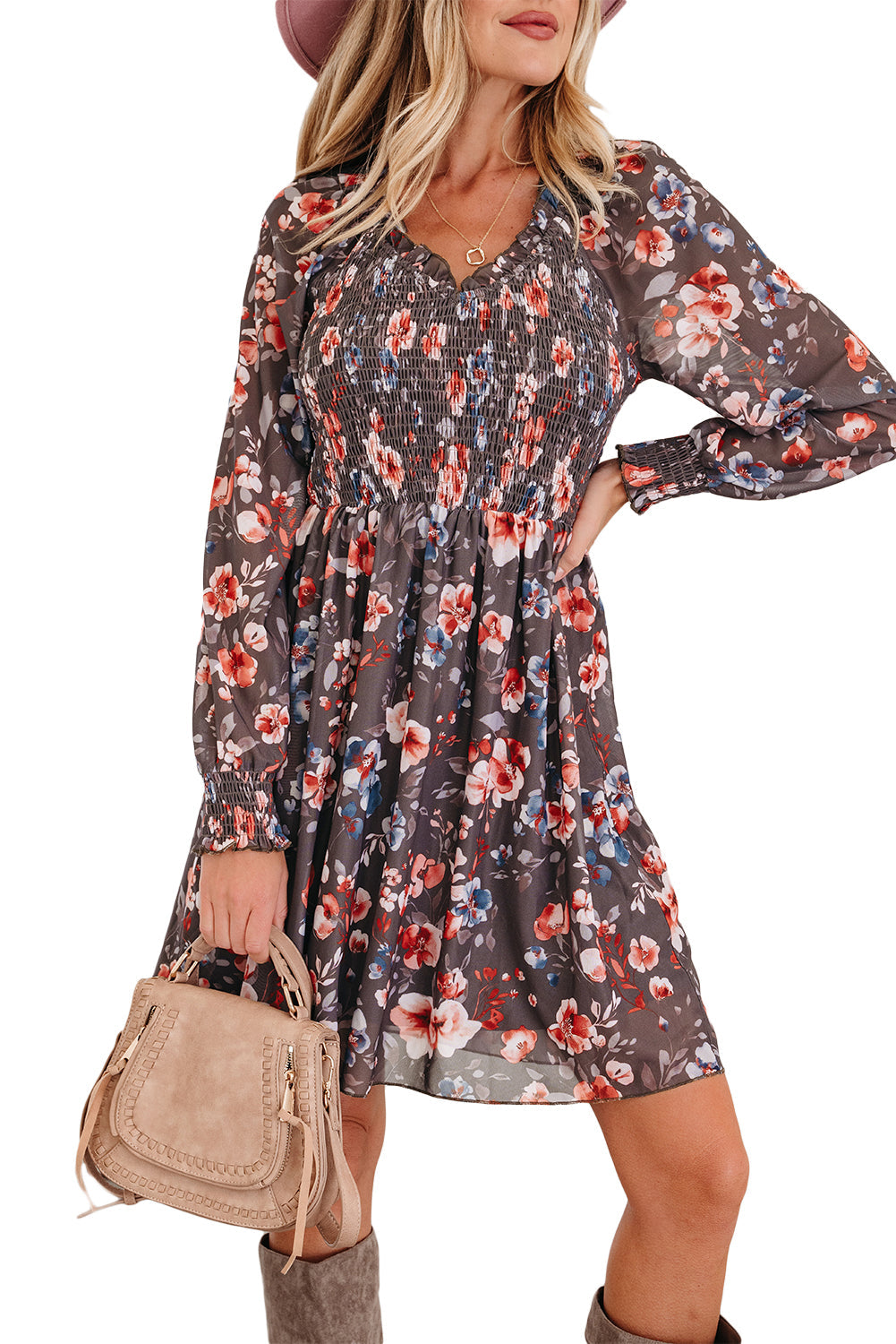 Smocked Bodice Frilly Bodice Floral Mesh Long-Sleeved Mini Dress