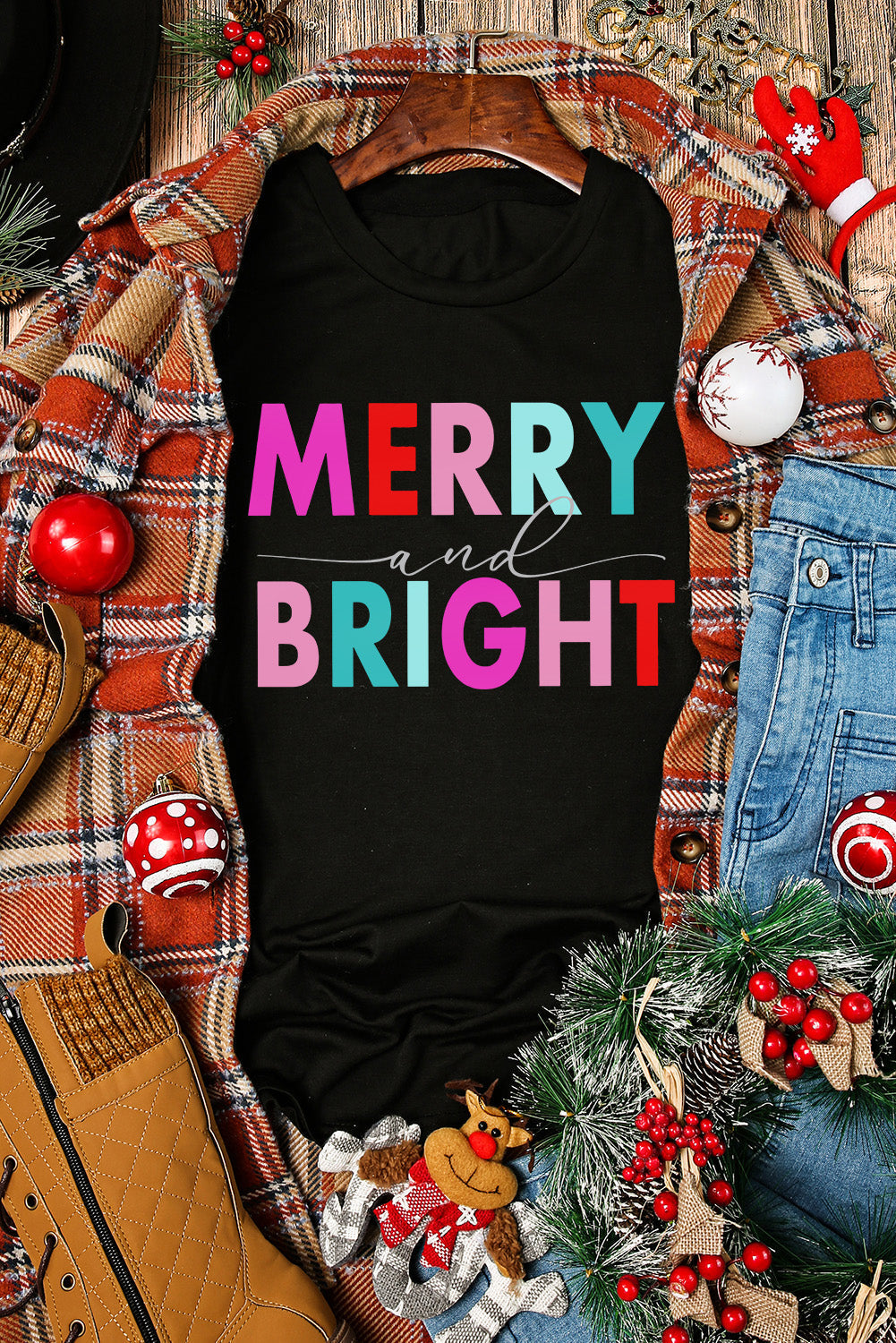 Women's MERRY and BRIGHT Crew Neck Graphic-Print Tee
