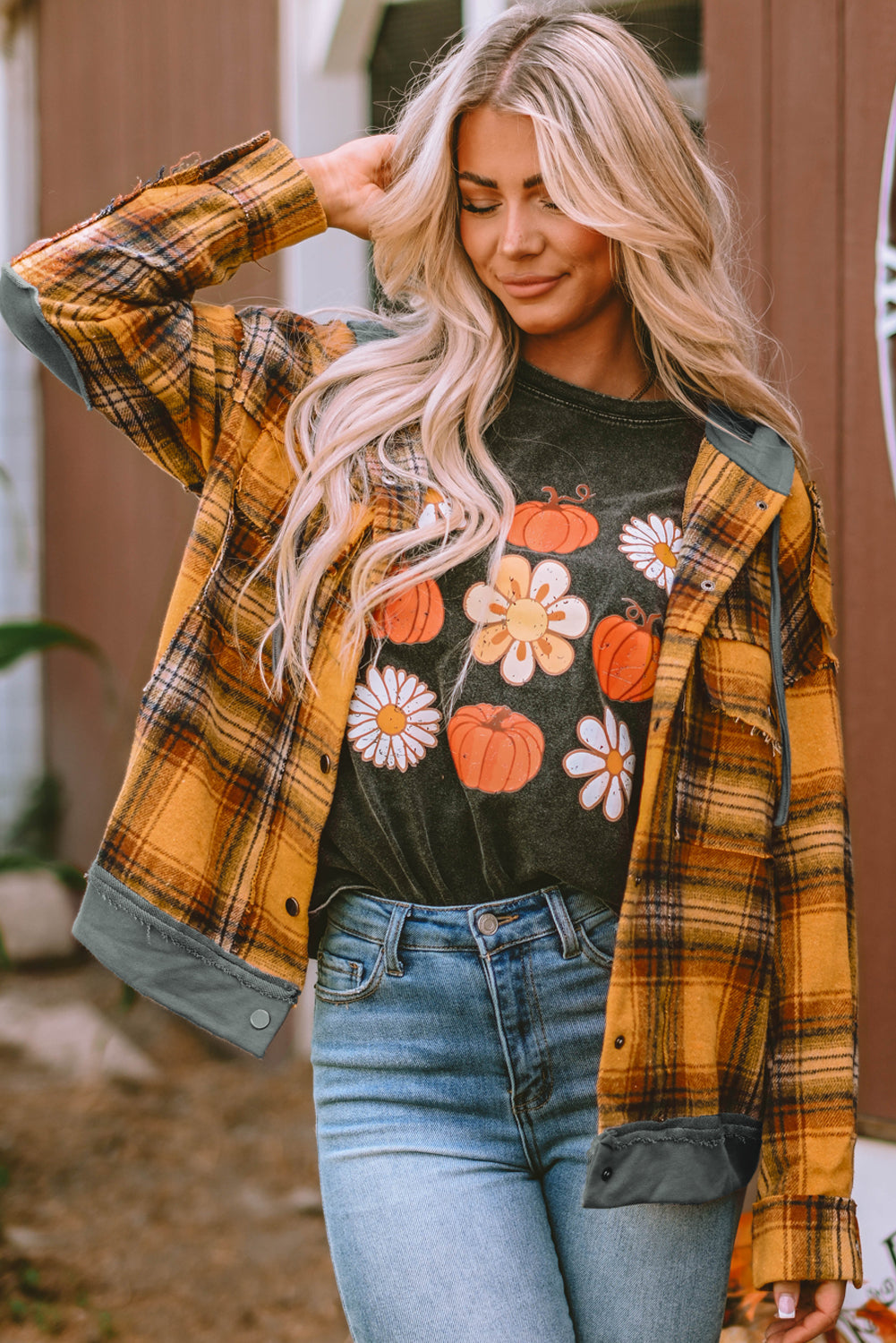 Women's Jacket with Plaid Hooded Frayed Snap
