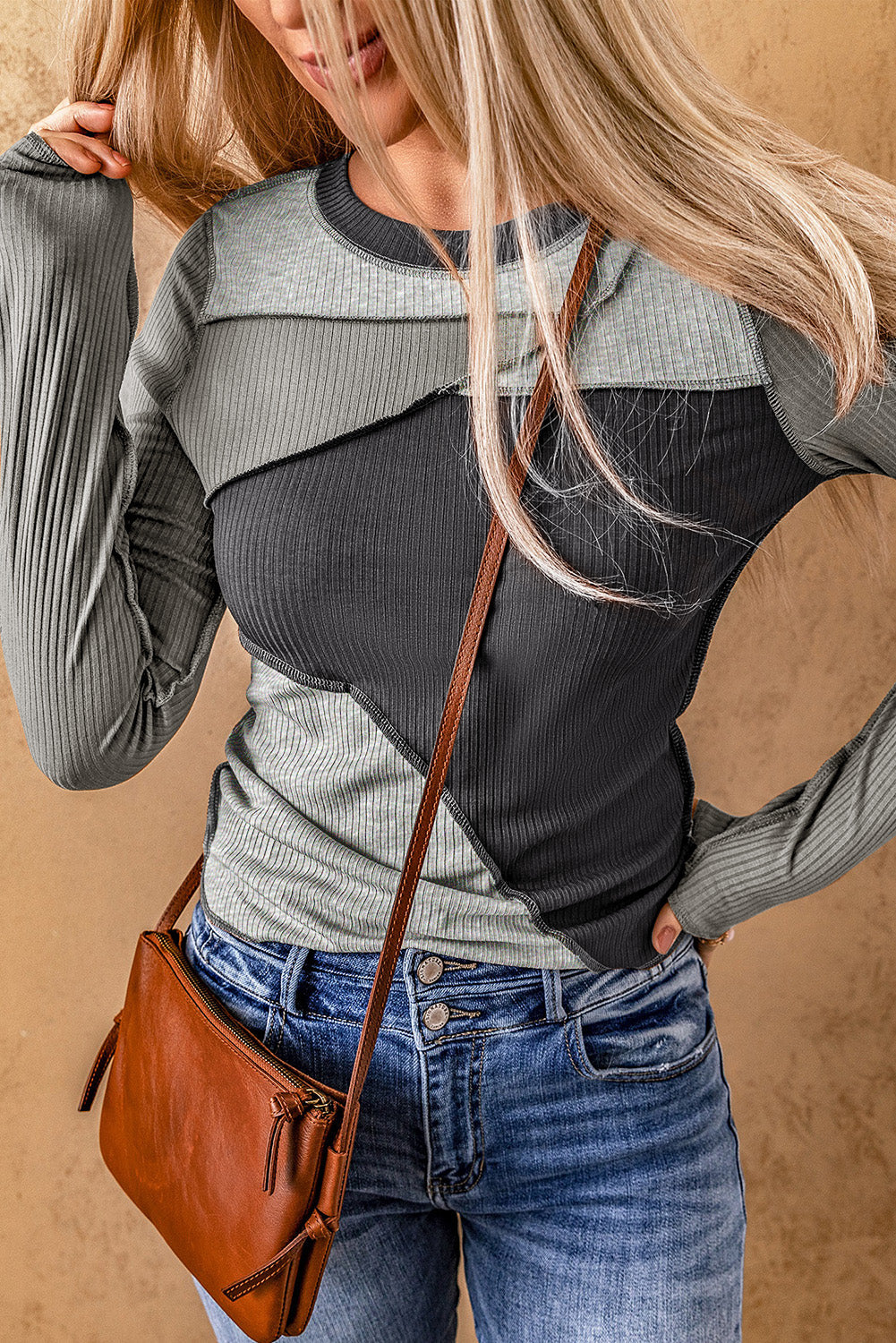 Women's Knit Top with Rib-Knitted Expose Seam