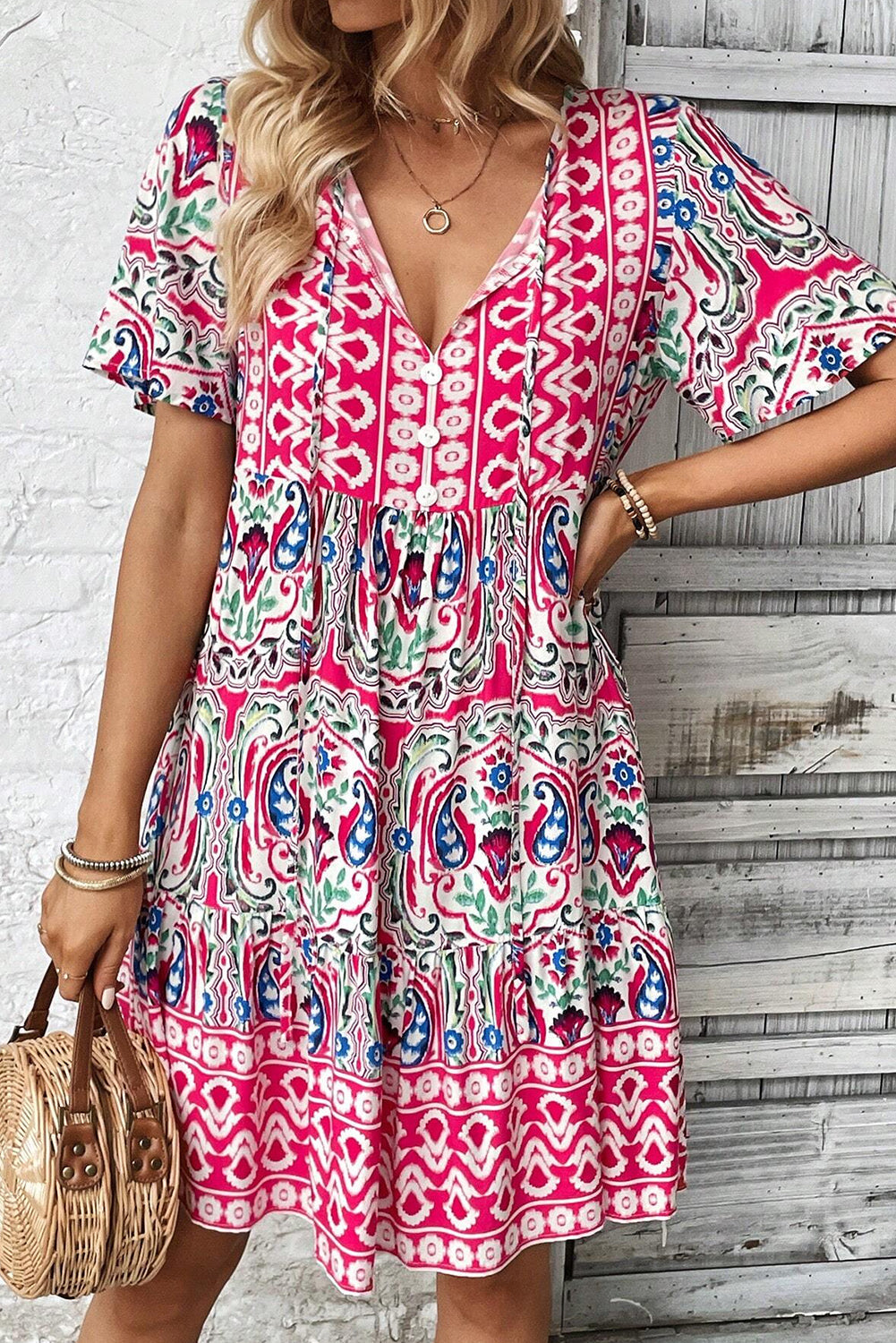 Women's Bohemian Ruffle-Trimmed Hem Short Dress