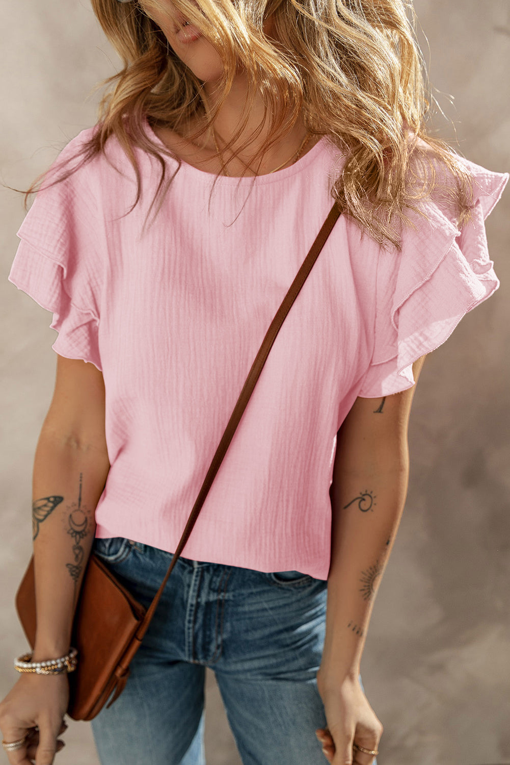Pink Crinkled Cotton Gauze Ruffle Sleeve Blouse