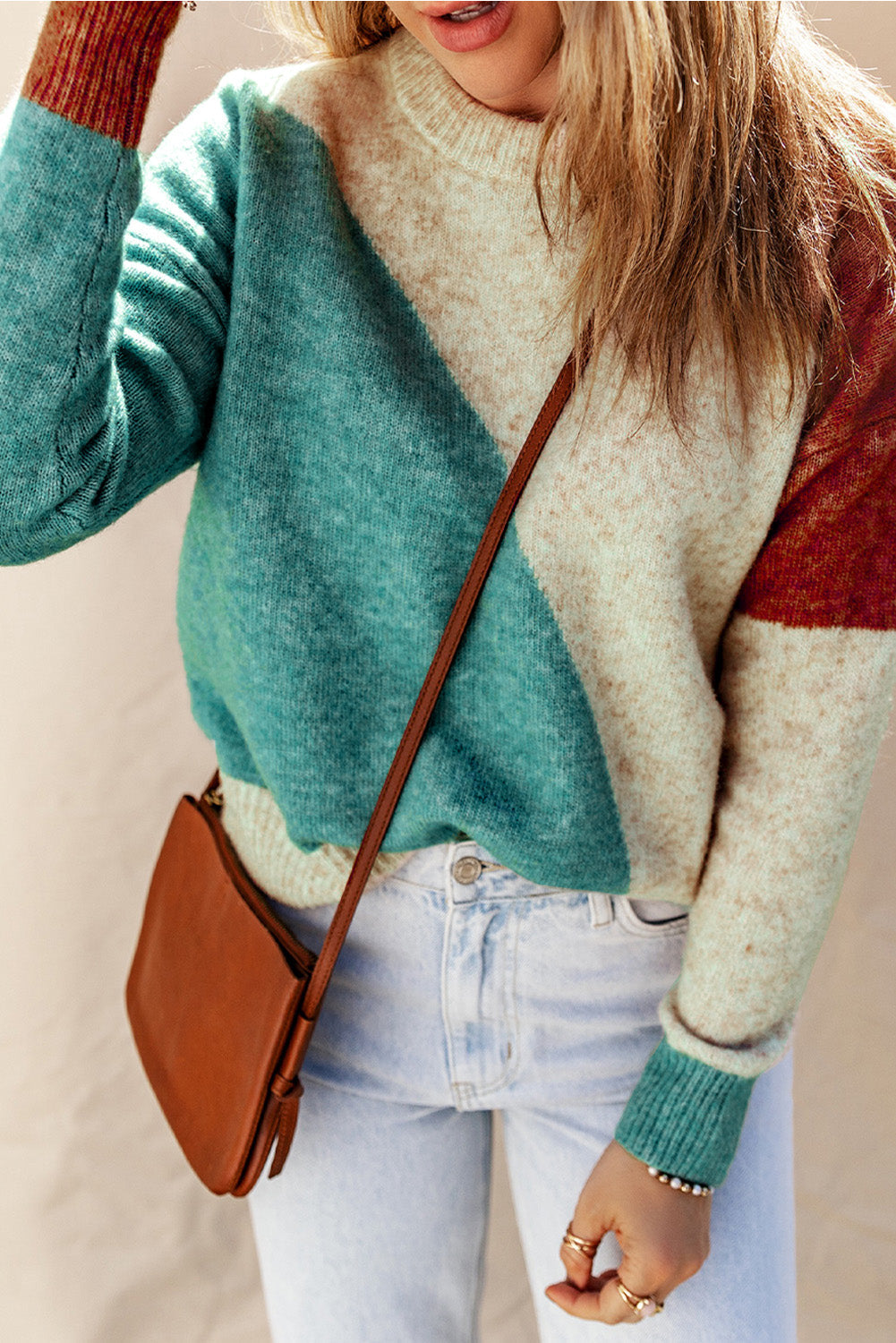 Women's Sweater with Rib-Knitted Trim Round Neck