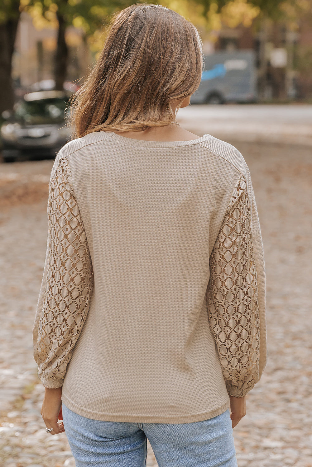 Women's Knit Top with Lace-Trimmed Patch Sleeve Waffle