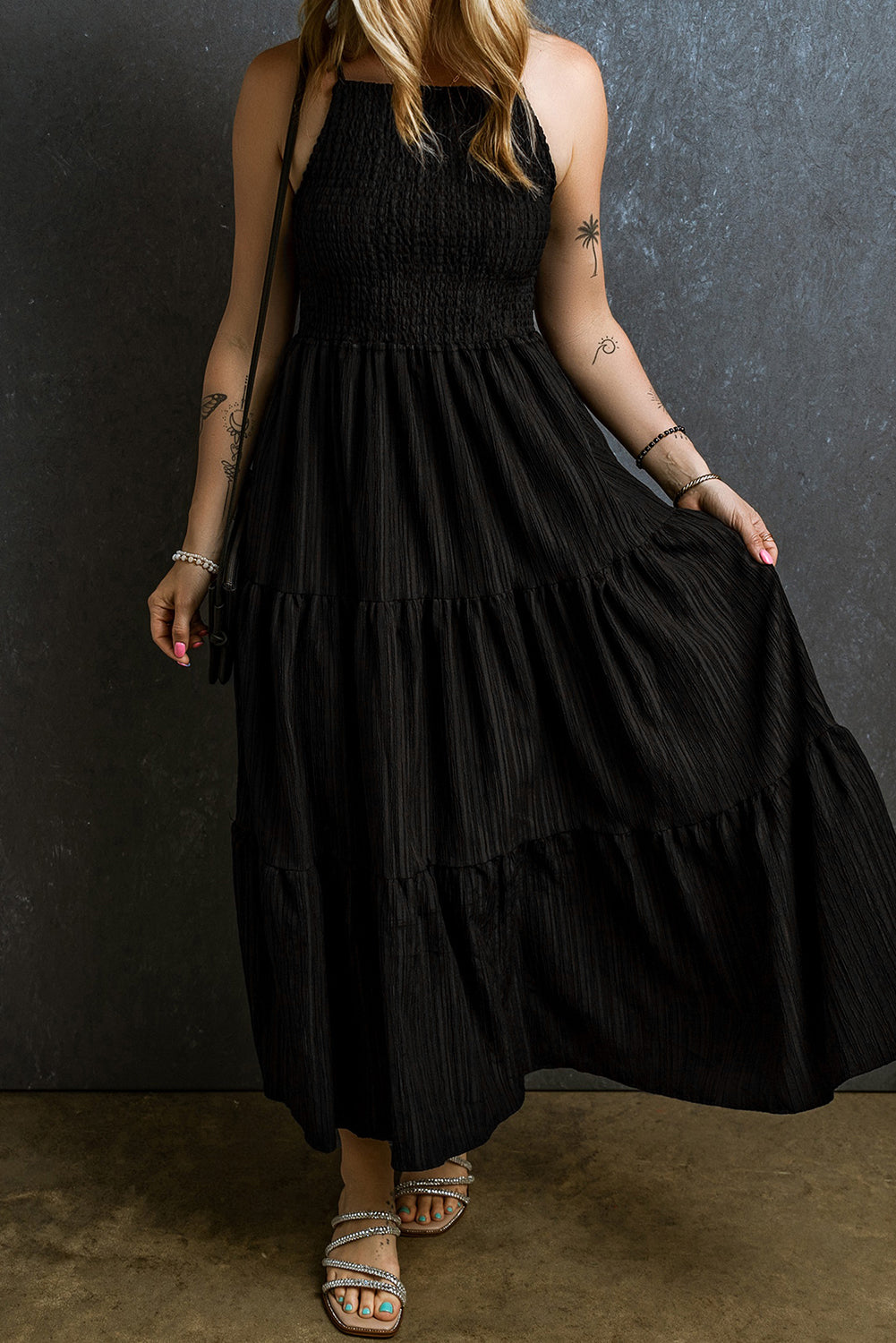 Maxi Dress for Women Layered Spaghetti Straps Pleat-Detail