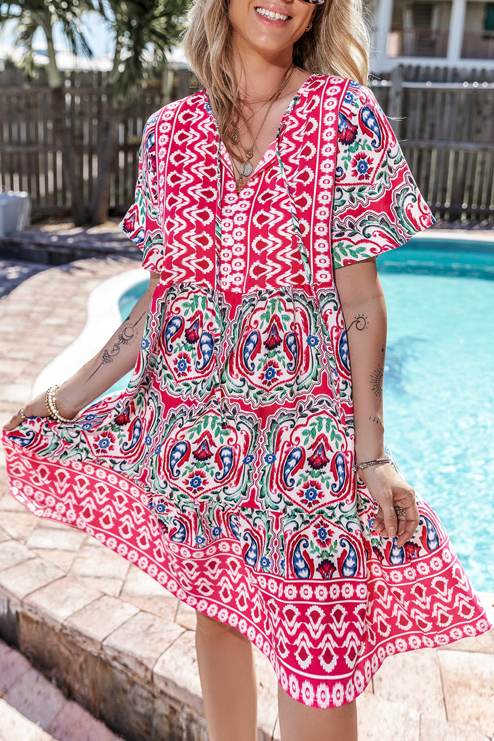 Women's Bohemian Ruffle-Trimmed Hem Short Dress