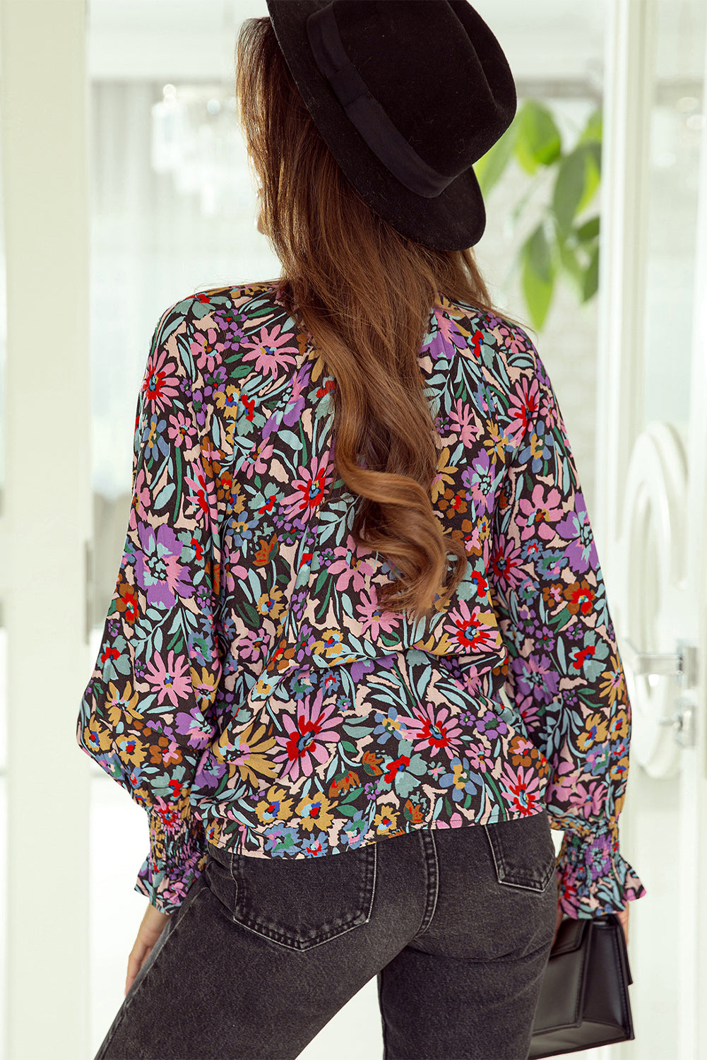 Blouse for Women Floral-Print Print Ruffle-Trimmed Long-Sleeve V Neck