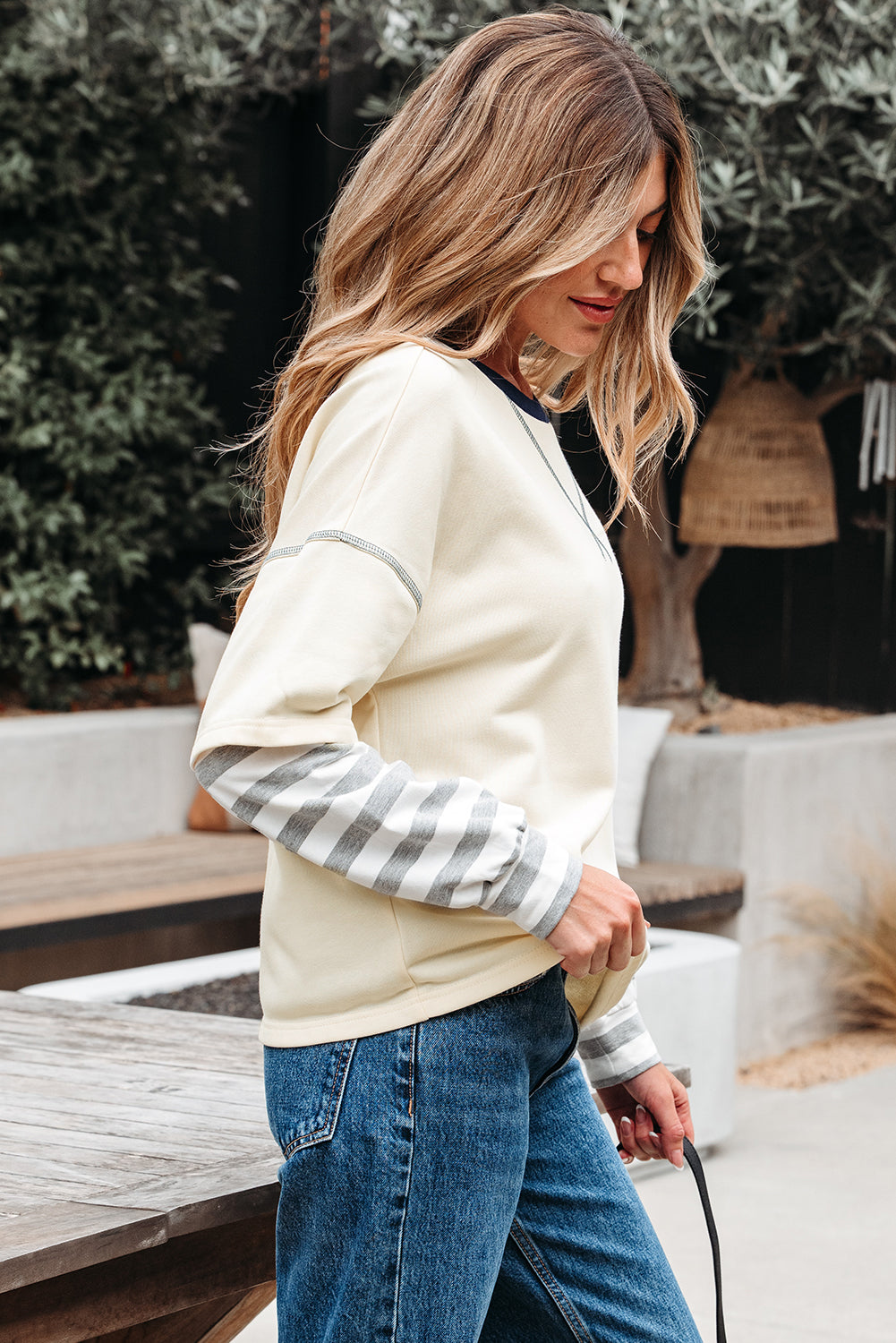 Long-Sleeved Striped Patchwork Round-Neck Two-in-one Top in Beige