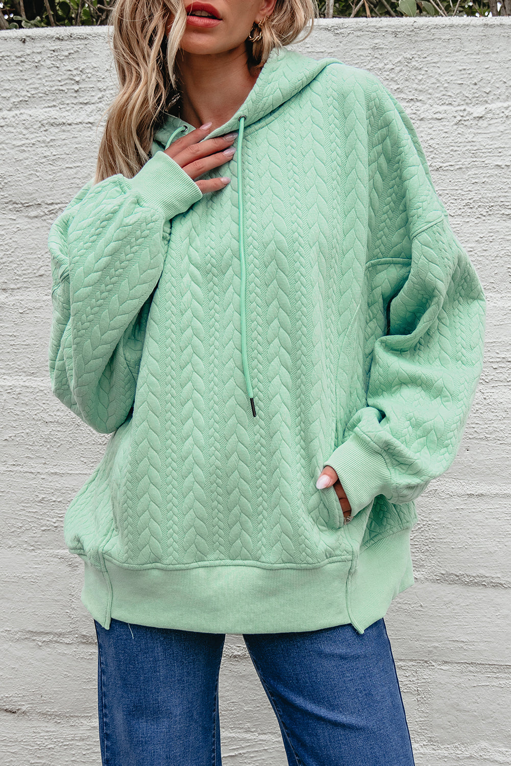 Cable Textured Baggy Solid Hoodie