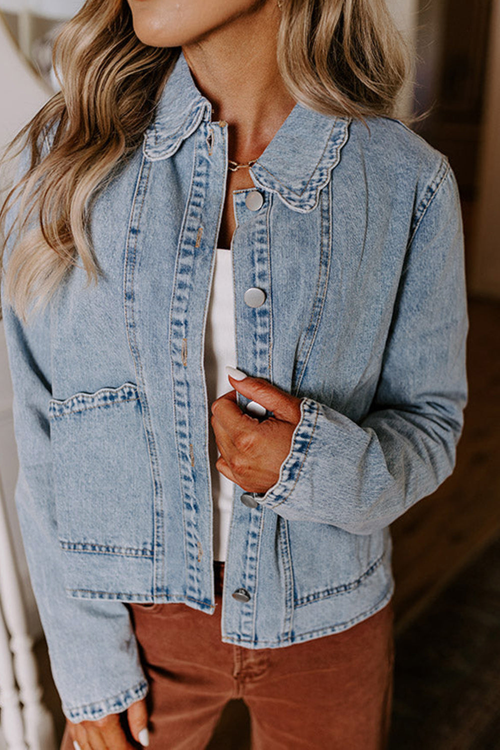 Scallop Patched Trim Collar Pocket Button-Front Denim Jacket