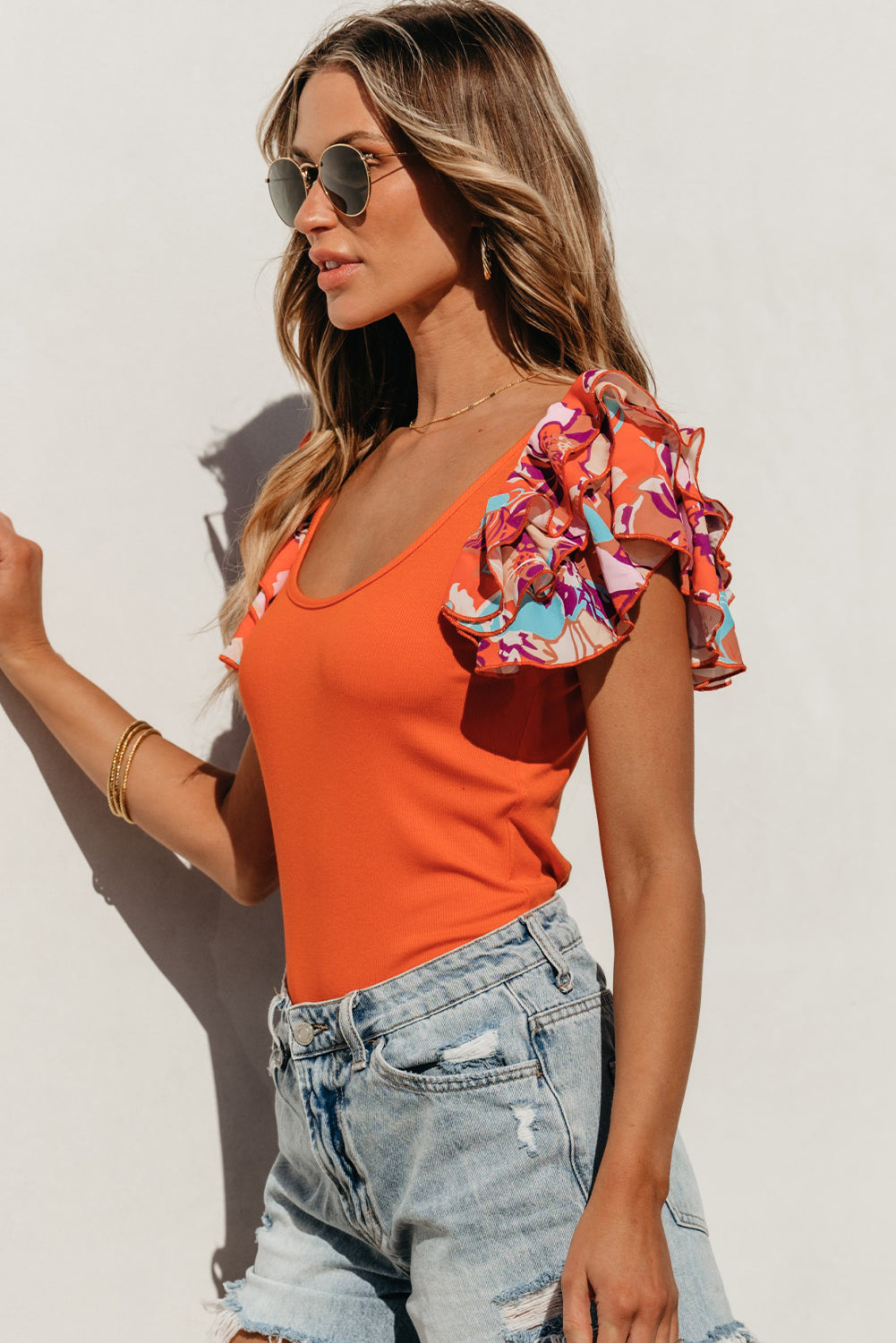 Women's Bodysuit with Rib-Knitted Knitted Layered Ruffle-Trimmed