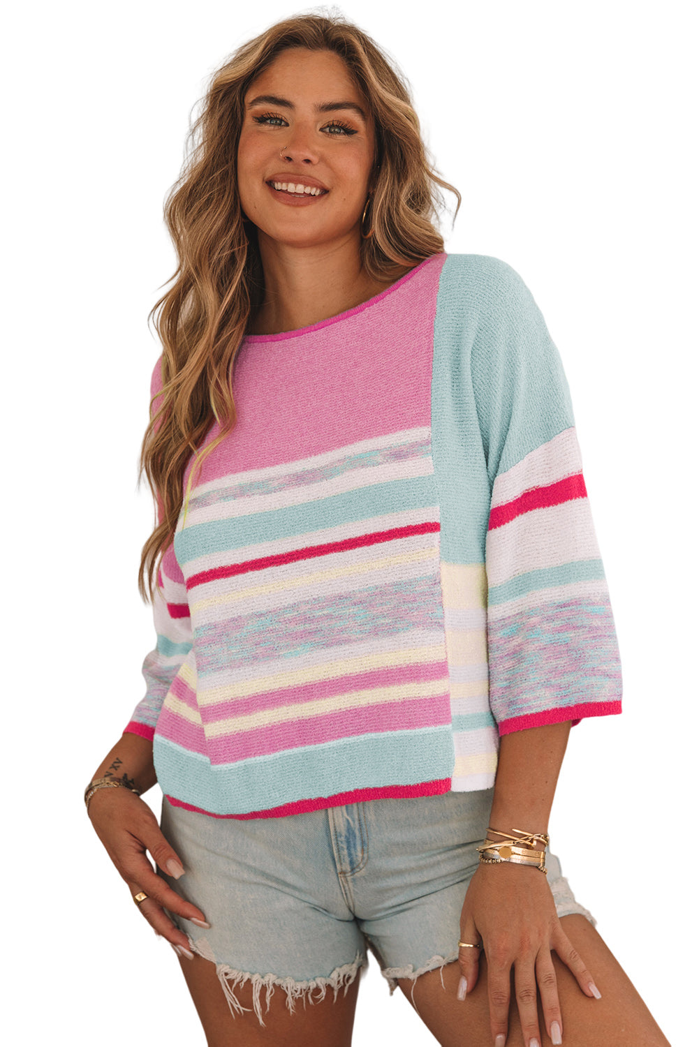 Women's Striped Three-Quarter Sleeve Knitted Top