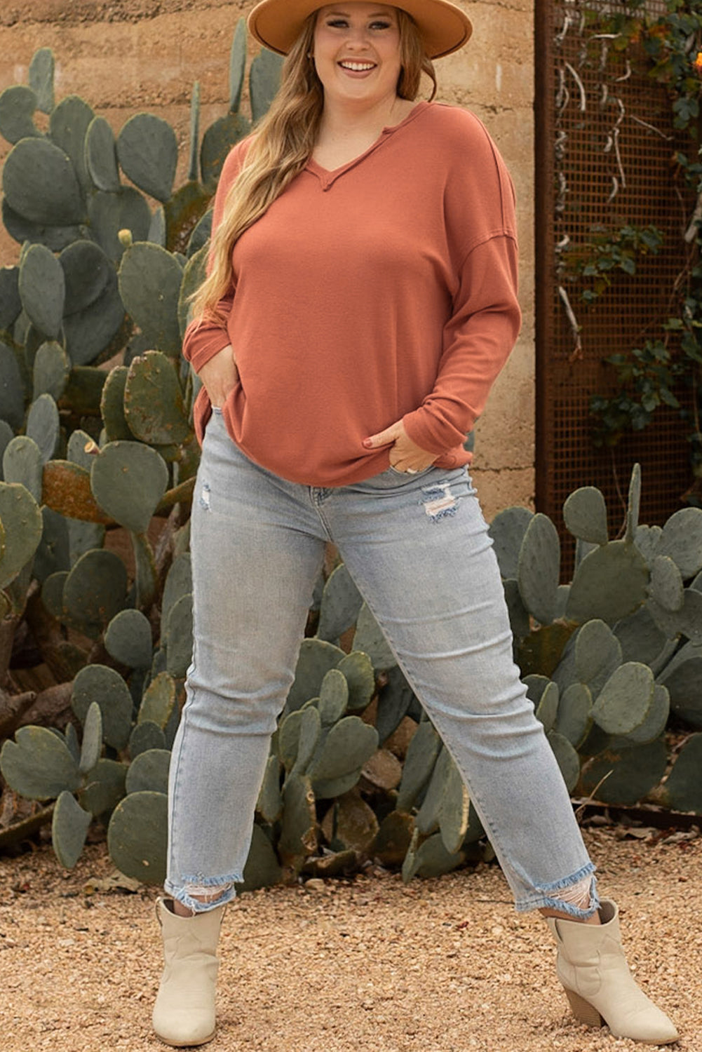 Women's Top with Plus Size V Neck Long-Sleeve