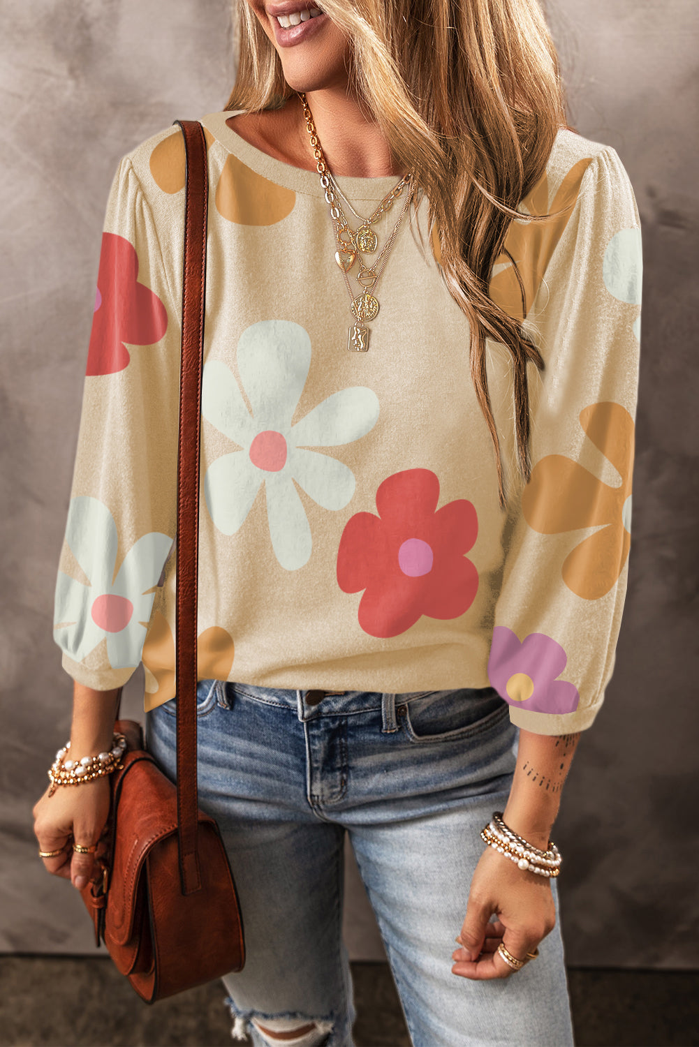 Women's Top Featuring Bracelet-Length Sleeve Cute Flower