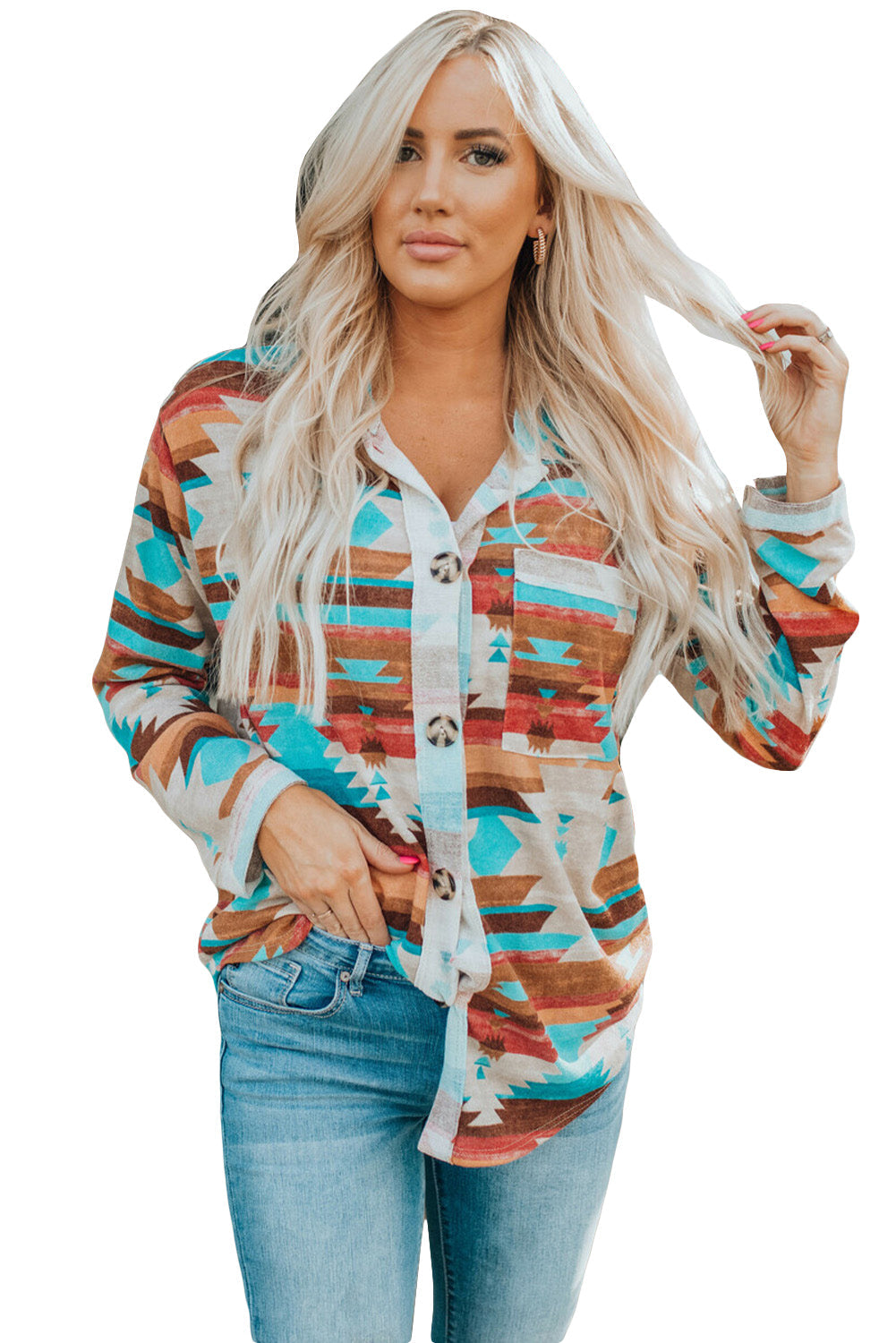 Shacket for Women Aztec Button-Front Pocket Chest Shirt