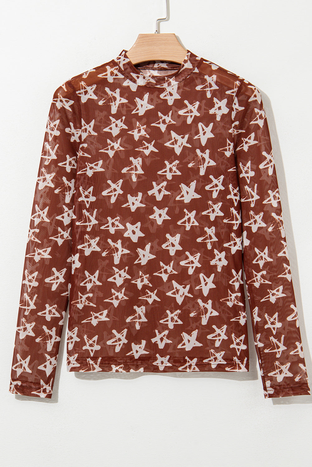 Print Mesh Star Mock-Neck Sheath Long-Sleeved Top