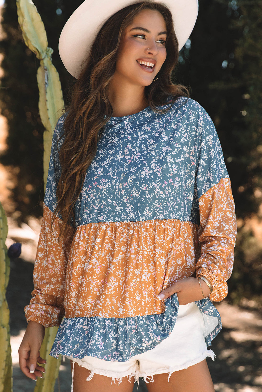 Floral Color Block Patchwork Ruffled Hem Round Neck Blouse