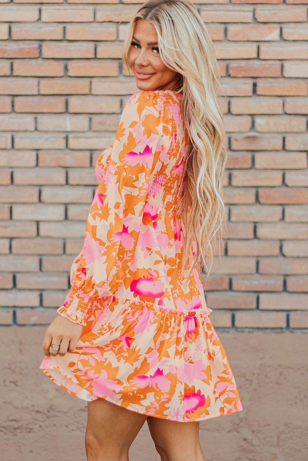 Women's Ruffle-Trimmed Shirred Lantern Sleeve Mini Dress