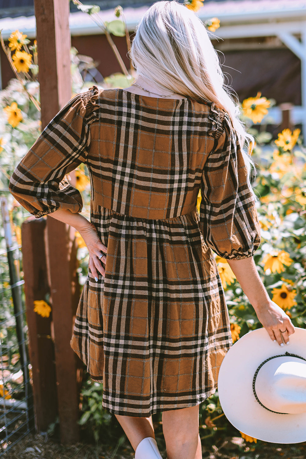 Women's Dress with Babydoll Plaid Pattern Empire-Waist