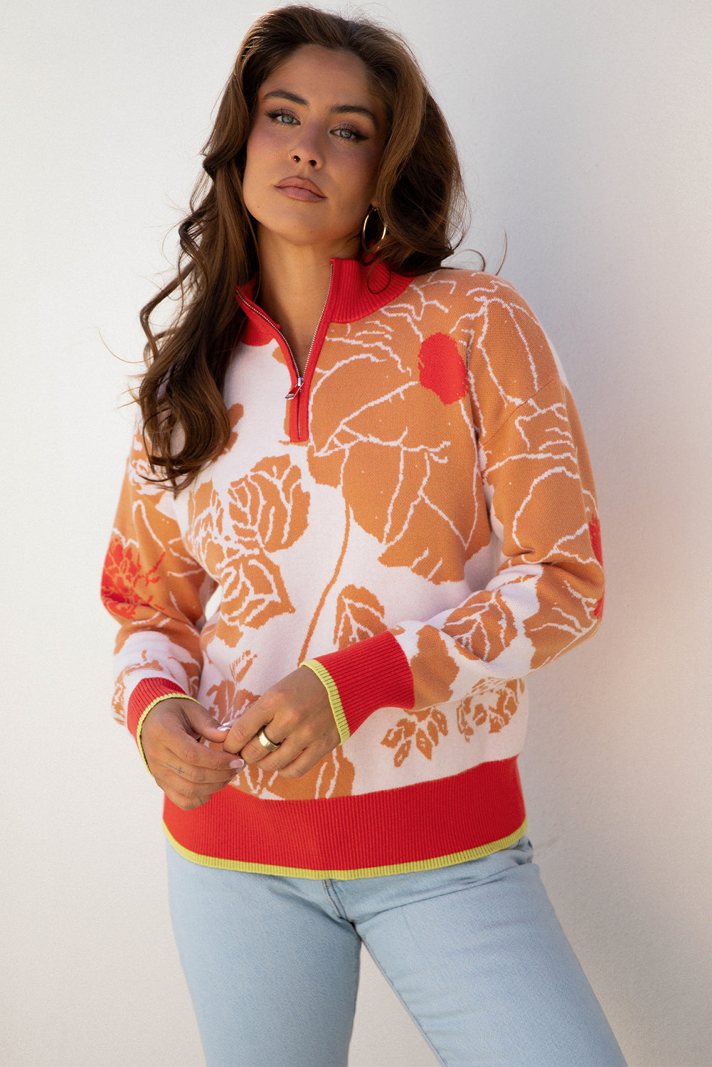Zip Floral Half Collared Pullover Knit Top
