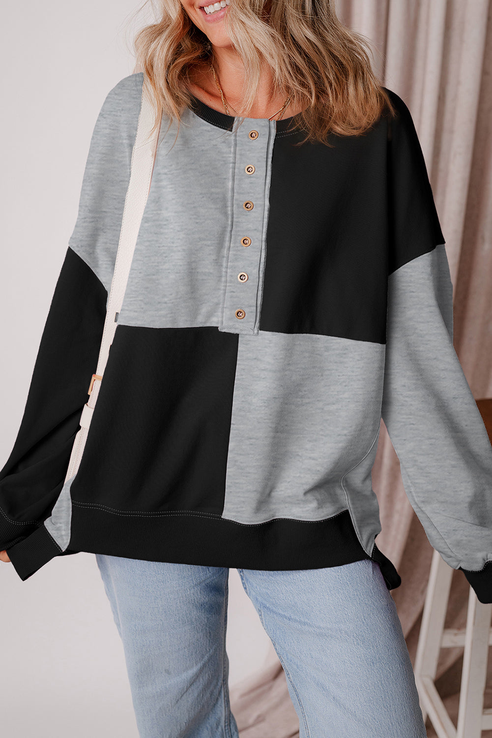 Colorblock Henley High Low Oversize Sweatshirt