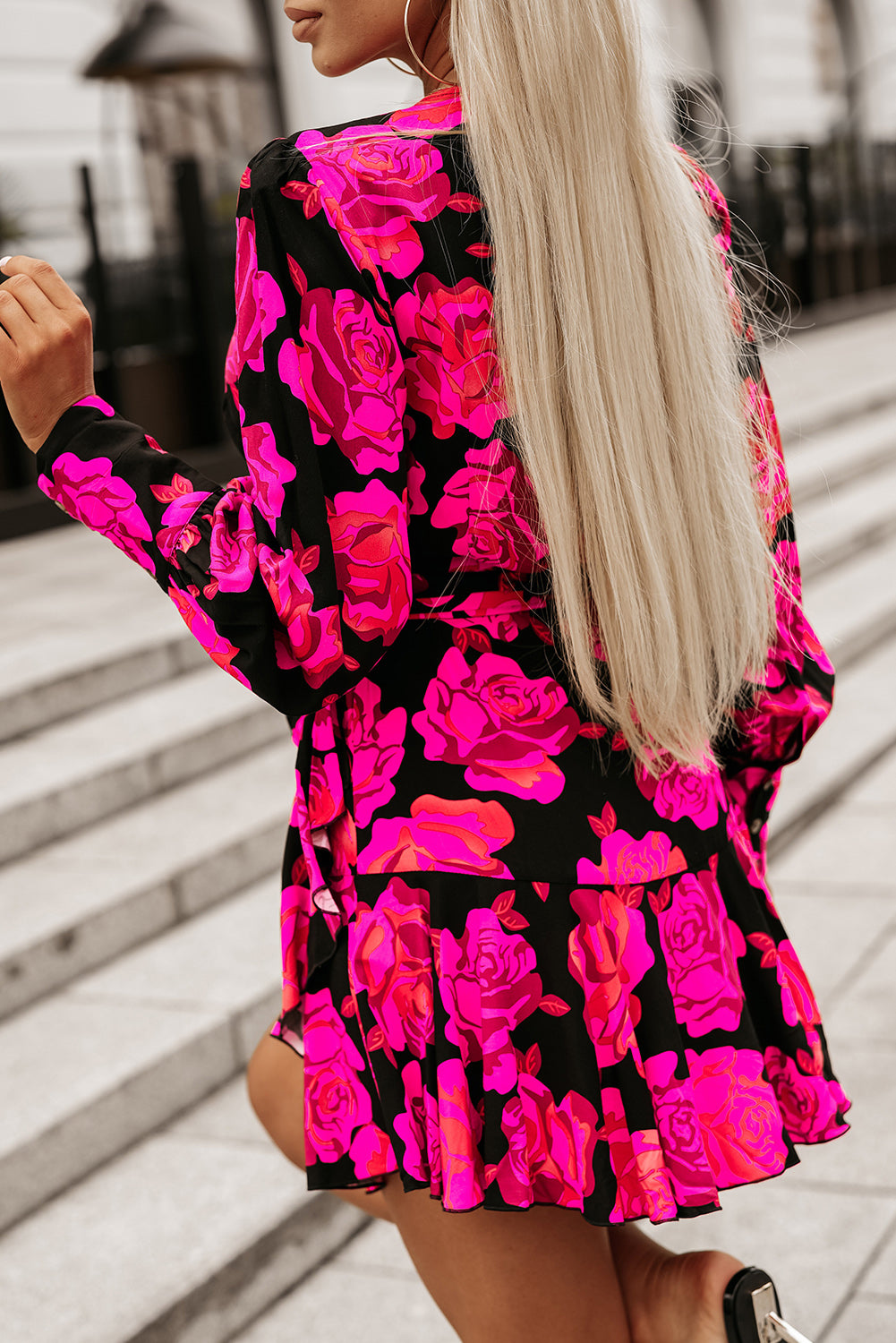 Dresses for Women Print V Neck Wrap Bishop Sleeve Ruffle-Trimmed Layered Mini Floral-Print