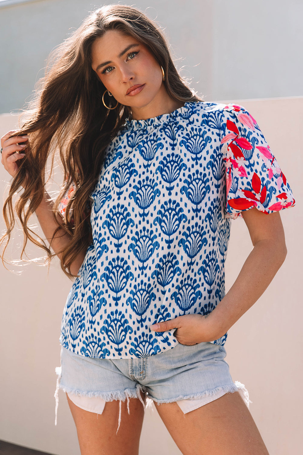 Western Floral Puff Sleeve Frilled Neck Blouse