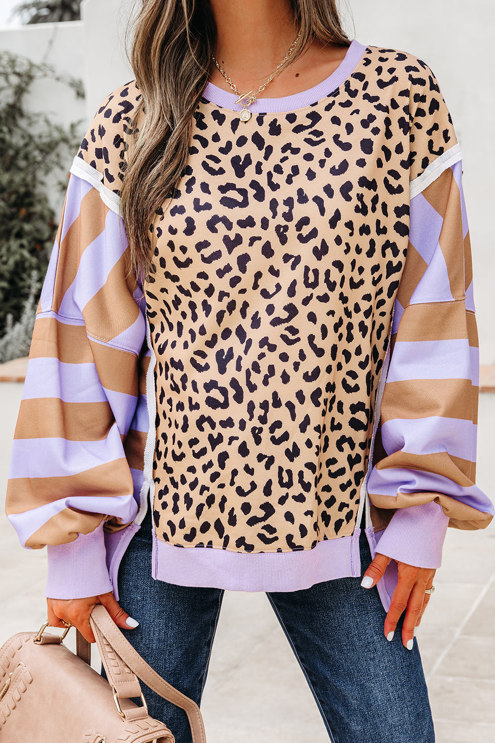 Leopard Colorblock Patchwork Everyday Sweatshirt with Slits