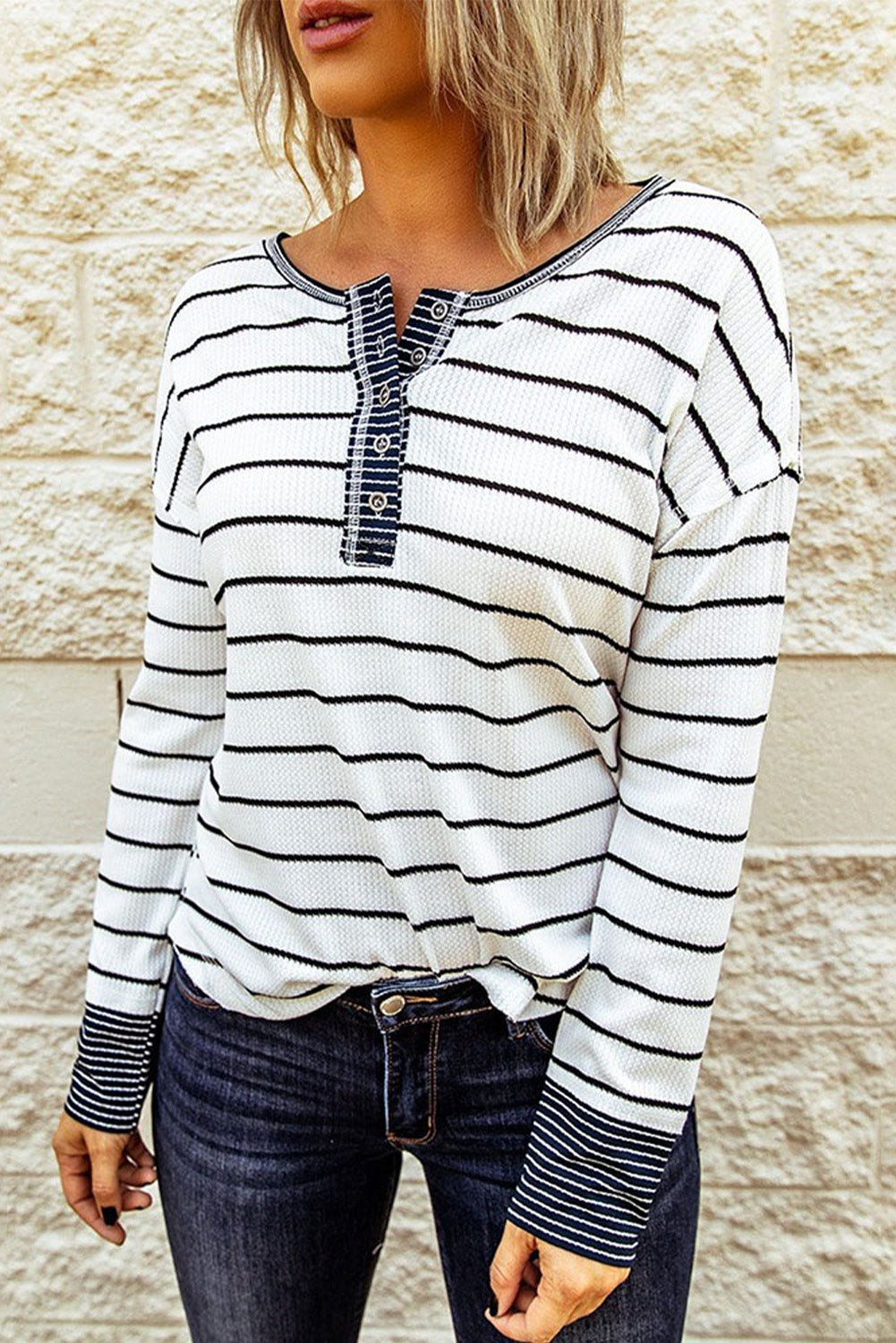 Button-Front Henley Striped Henley Waffle Knit Top