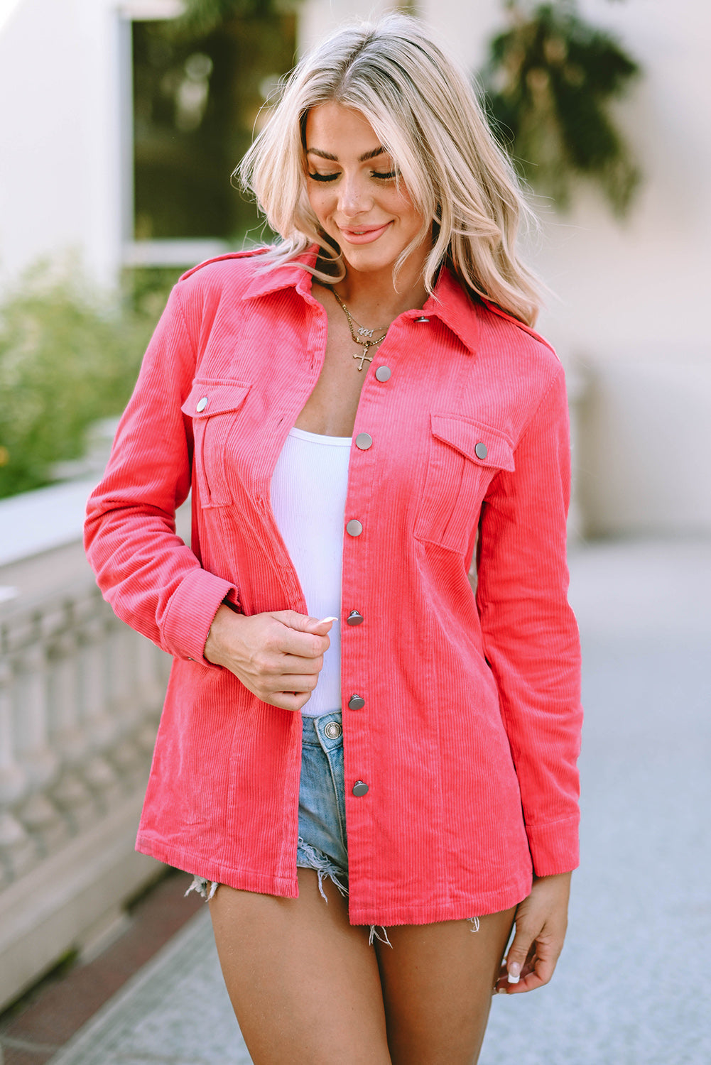 Women's Jacket with Flap Pocket Pink Cord Button-Front