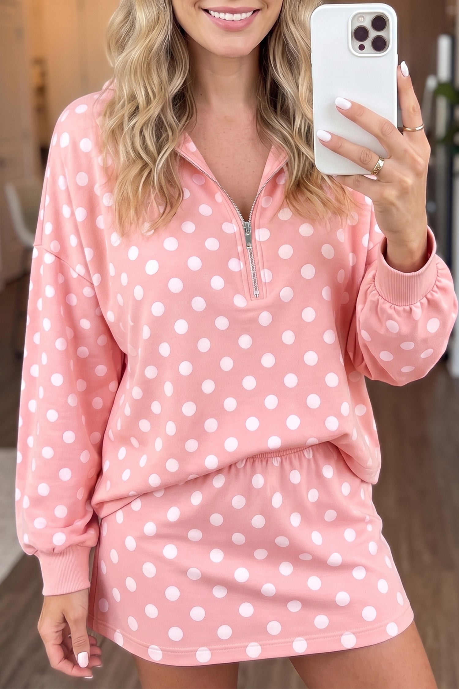Polka-Dot Hooded Long-Sleeved Top Everyday Mini Skort Set in Pink