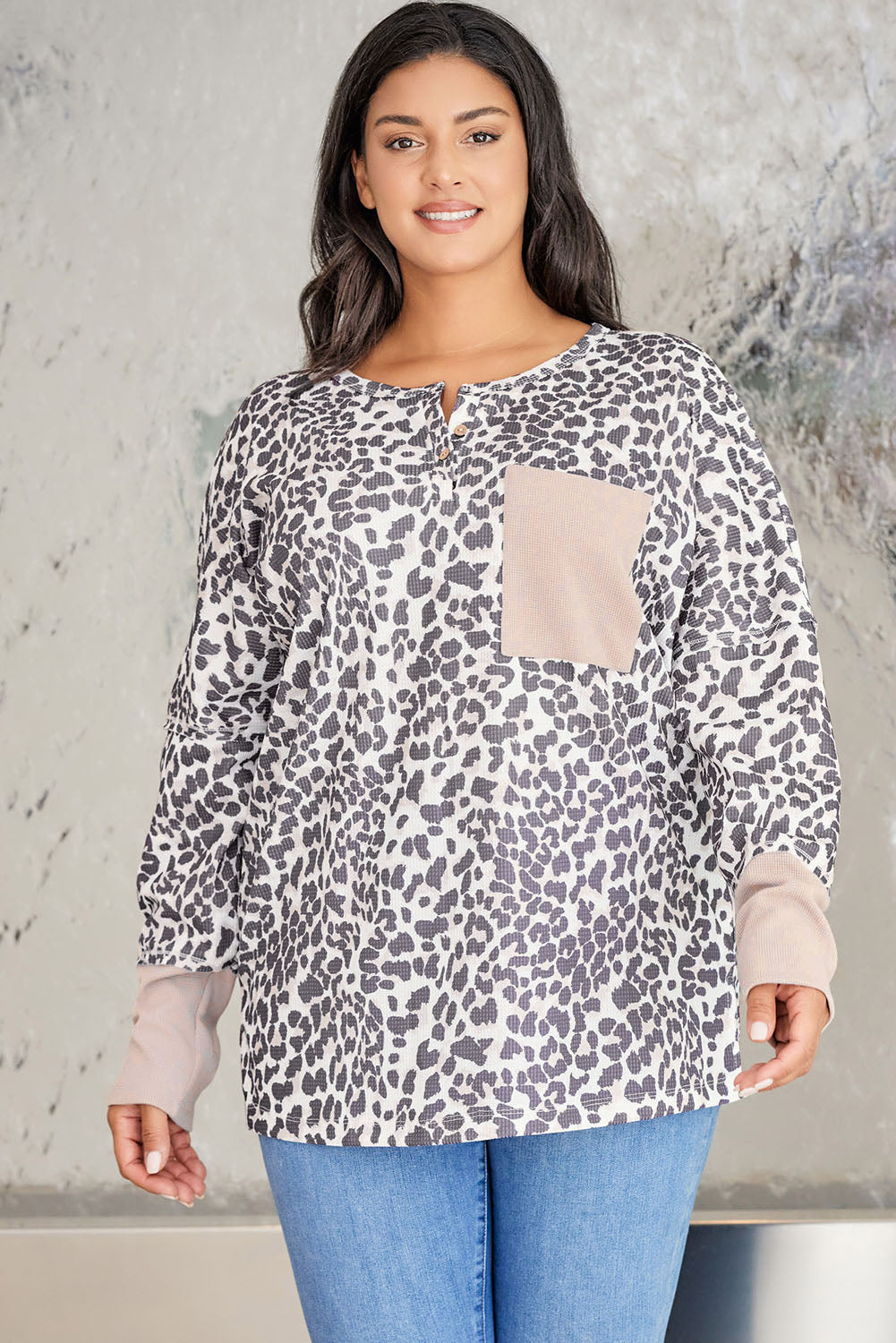 Women's Henley Top Featuring Waffle Knitted Plus Size