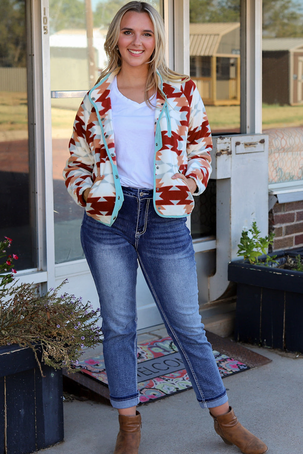 Women's Zipper Fleece Western Aztec Jacket