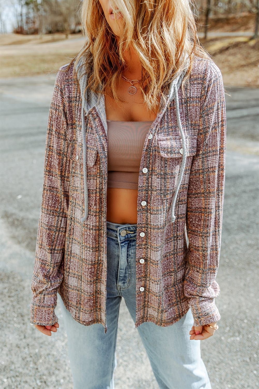 Women's Shacket with Drawcord Plaid Hooded