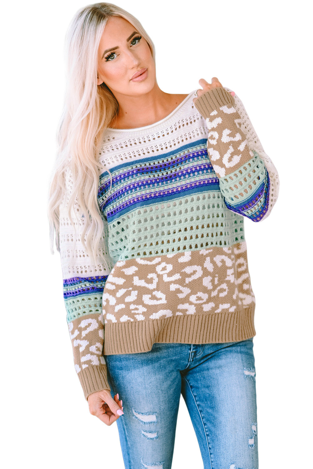 Women's Sweater with Crochet Striped Knitted