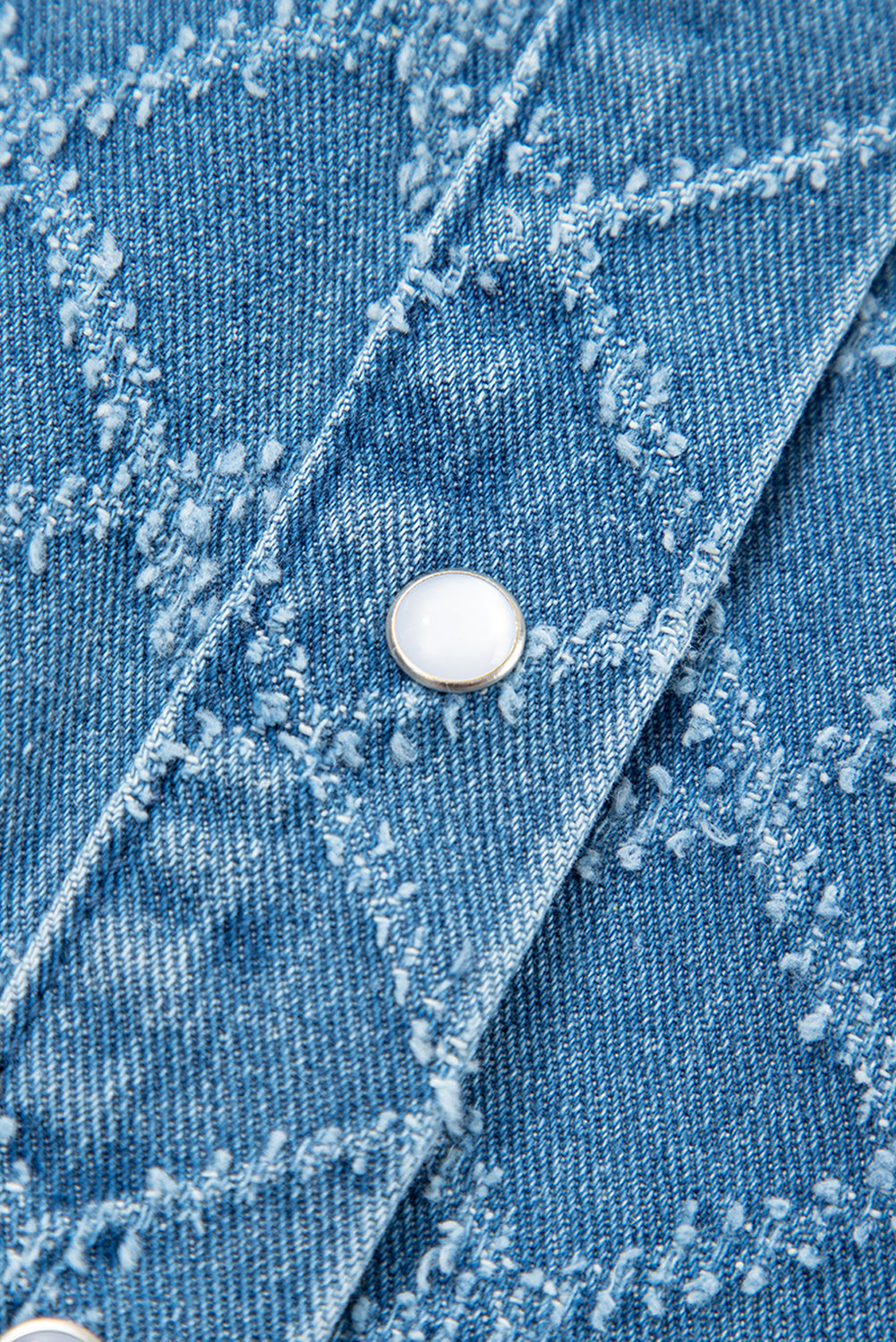 Short-Sleeved Checkered Textured Patched Pocket Denim Shirt