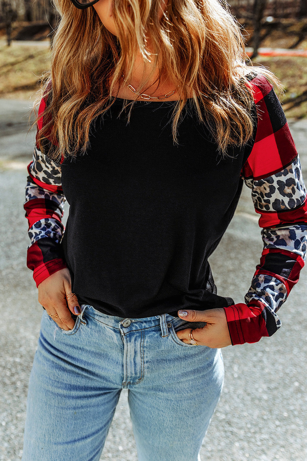 Women's Plaid Leopard-Print Print Long-Sleeve Top