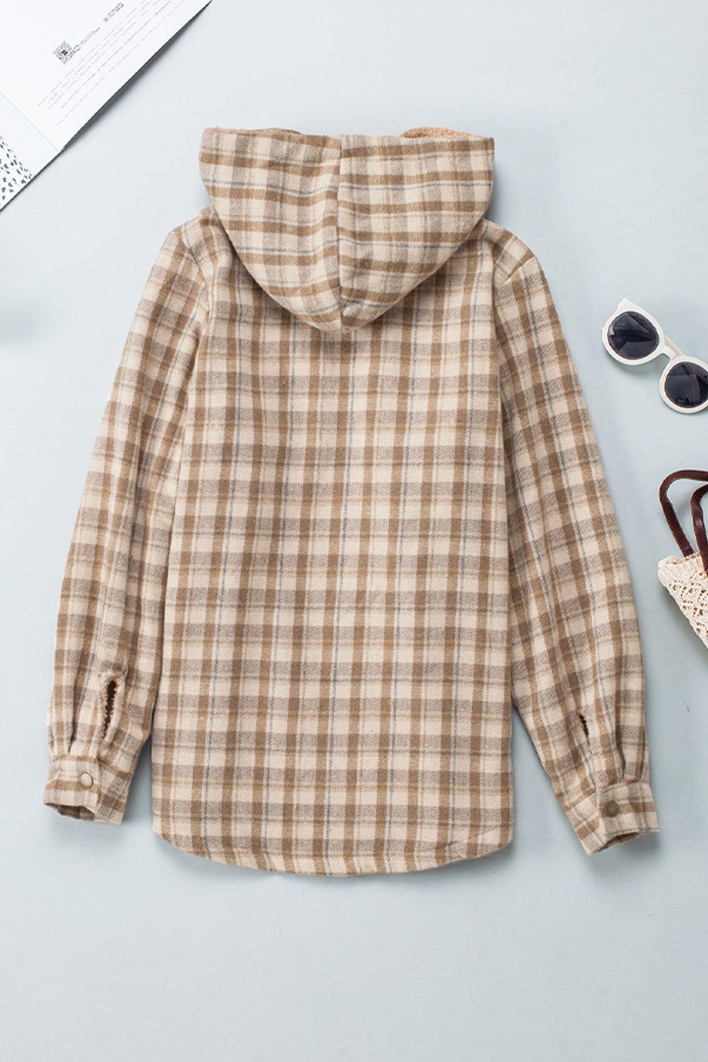 Women's Shacket Featuring Sherpa Lined Hooded Plaid Pattern